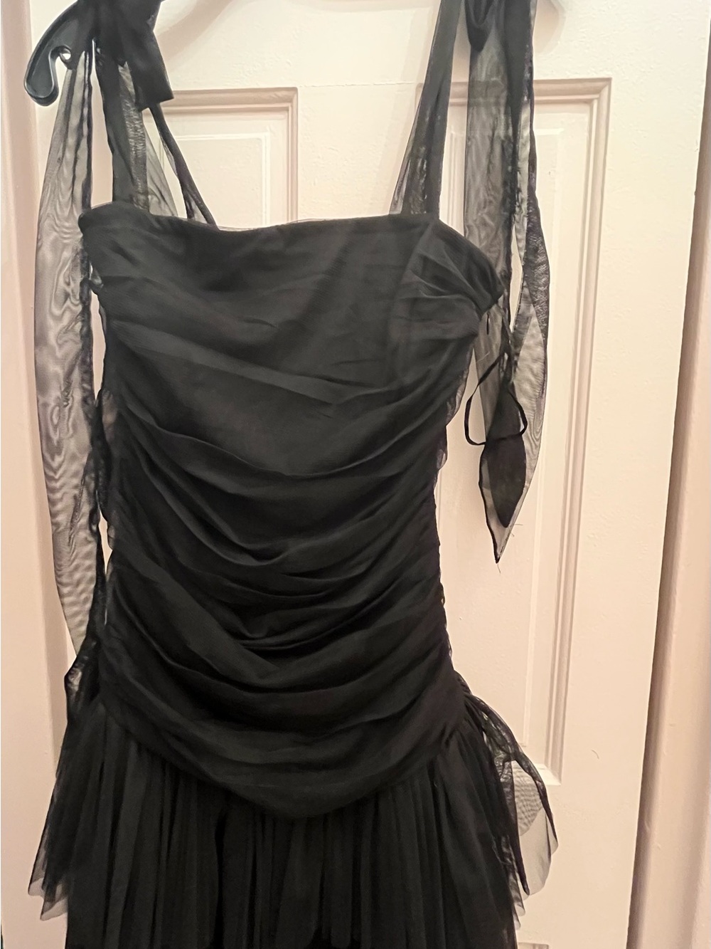 Black Strapless Ruching Tulle Midi Dress